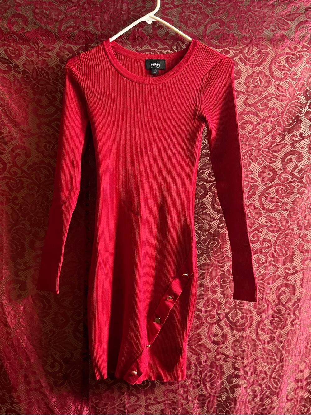 By&by Red Ribbed Knit Mini Dress Long Sleeve Gold Button Asymmetric Bodycon S